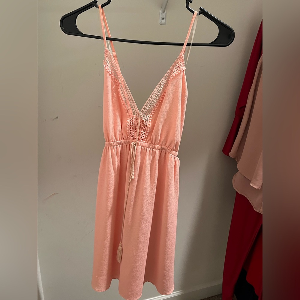 Elegant Peach Lace Trim Summer Dress